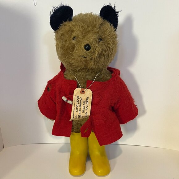Vintage 1977 Paddington Bear Stuffed Plush 20" Eden Toys Yellow Boots Red Coat - Picture 1 of 16